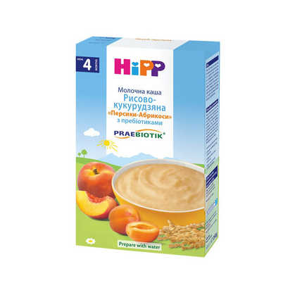 HIPP каша молочна рисово-кукурудзяна персик-абрикос з пребіотиками 250г 4+