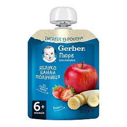 GERBER пюре яблуко, банан, полуниця 90г пауч